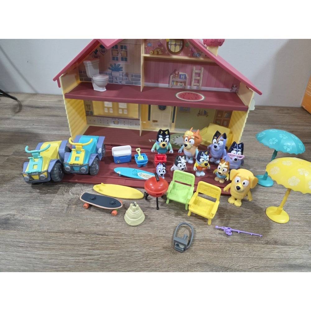 Bluey and Friends Toys Lot figures And Accessories Cars, House, Furniture, Beach